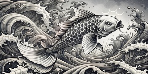 Black and White Ink Illustration of Koi Fish in Waves, Japanese Art, Water