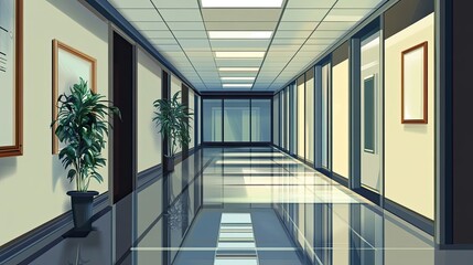 Obraz premium Empty Office Hallway with Plants and Sunlight Streaming Through Windows