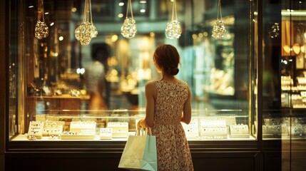 A young woman stands in front of a jewelry store window, captivated by the shimmering pieces on display. The evening light creates a magical ambiance as she holds a shopping bag in her hand.