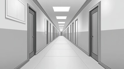 Obraz premium A Long, Empty Hallway with Doors and Fluorescent Lights