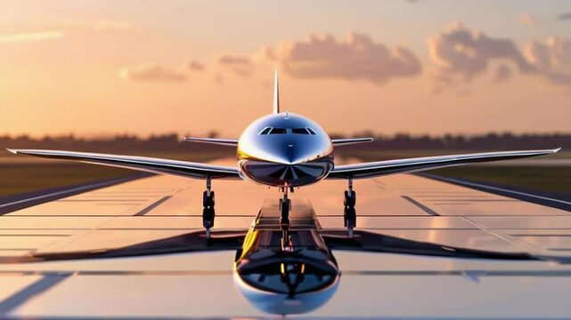 A silver airplane sits on a runway with the setting sun behind it, reflecting in the shiny surface of the runway.