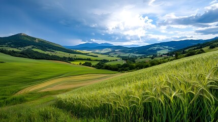 Fototapeta premium Expansive countryside landscape showcasing lush verdant farmlands surrounded by rolling hills and a network of efficient modern irrigation systems