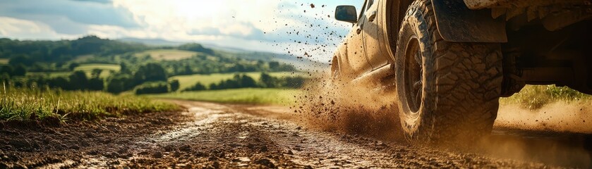 Off-Road Adventure: Rugged SUV Kicking Up Mud on a Dirt Path Through Lush Countryside Under a Dramatic Sky
