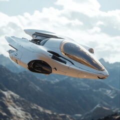 A white space ship flying through the sky above a mountain range