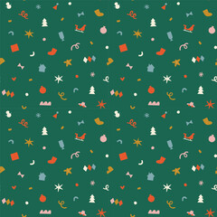 Merry Christmas abstract shape decoration seamless pattern illustration. Retro style winter holiday ornament cartoon texture. Xmas celebration event wallpaper, festive print.