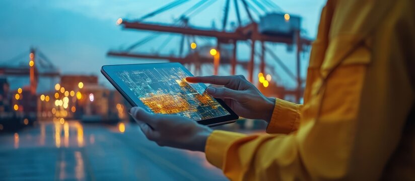A worker uses a tablet at a busy port with cranes in the background.