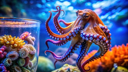Fototapeta premium An octopus with vibrant colors and large, mesmerizing eyes, showcasing its intricate patterns against a backdrop of coral and the shimmering blue of the ocean.