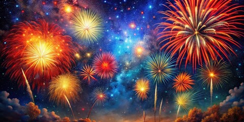 Fototapeta premium Fireworks Display Against a Starry Night Sky, Celebration, Night Sky ,fireworks ,night sky