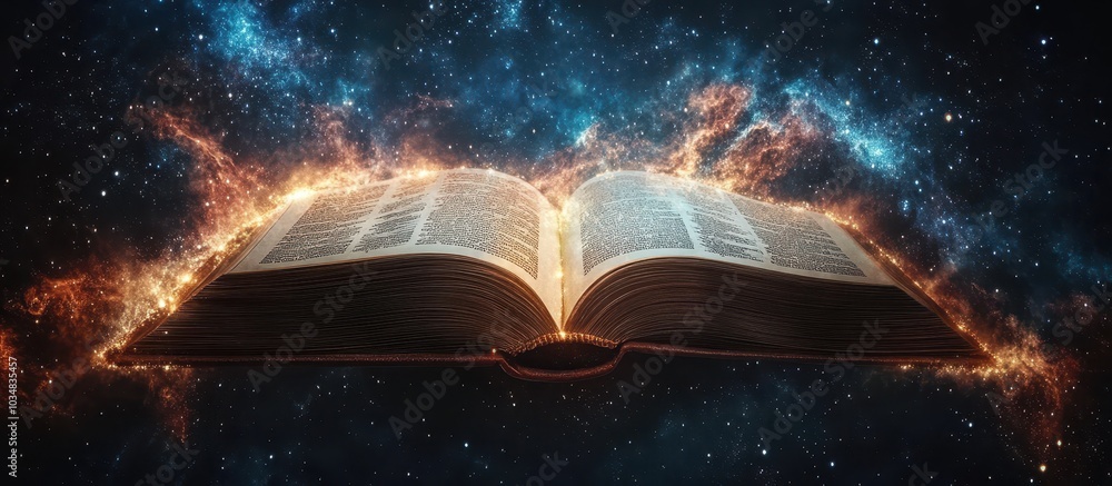 Wall mural magical open book with cosmic background and glowing pages in a mystical starry universe