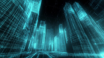 virtual architecture: a futuristic digital cityscape with buildings represented as wireframe structures, glowing in soft blue light