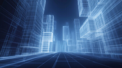 virtual architecture: a futuristic digital cityscape with buildings represented as wireframe structures, glowing in soft blue light