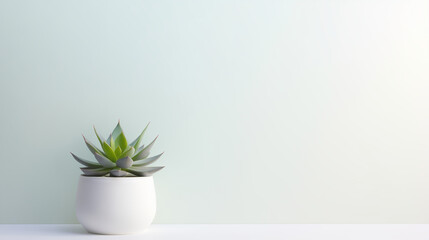 A vibrant succulent sits elegantly in a white pot, complementing the subtle colors of the soft background, bringing a touch of nature indoors, copy space