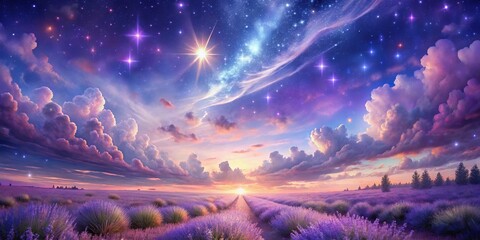 Lavender Fields Under a Starry Sky with a Bright Star and a Galaxy, lavender field, starry sky
