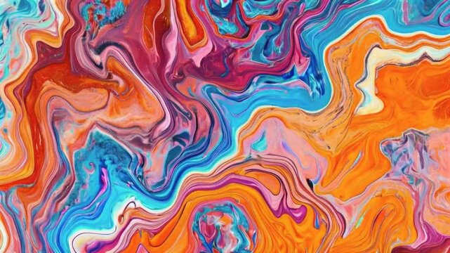 Abstract colorful marble texture background in shades of orange, pink, blue and white.