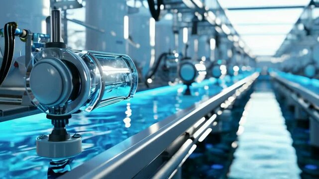 Close-up of a futuristic water filtration system with a clear tube pouring clean water into a channel.