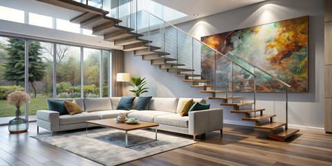 Fototapeta premium Modern Living Room with Wooden Stairs and Abstract Painting, interior design, home decor