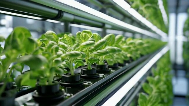 Close-up of a hydroponic system with rows of green leafy plants growing under artificial light.