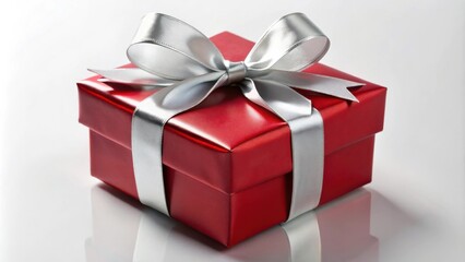 Fototapeta premium A Classic Red Gift Box with a Silver Bow, a Symbol of Celebration and Thoughtfulness