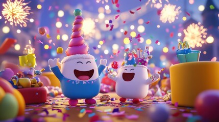 Fototapeta premium Cheerful Cartoon Characters Celebrate in 3D Scene