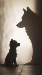 A small dog sits in front of a larger dog