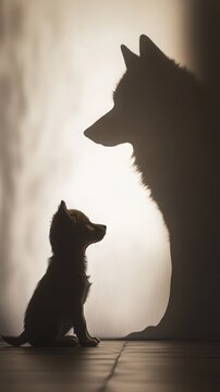 A small dog sits in front of a larger dog