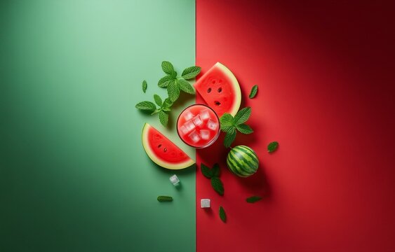 Watermelon slices, a glass of watermelon juice with ice cubes and mint leaves on green and red backgrounds.