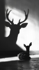 A deer is sitting on the ground in front of a wall