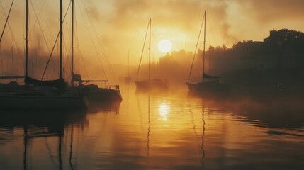 A group of sailboats are docked in a harbor at sunset