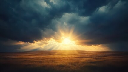A field with a bright sun shining through the clouds