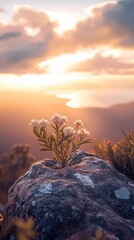 A small flower is growing on a rock in the mountains
