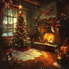 A cozy living room with a Christmas tree and a fireplace