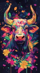 A colorful painting of a bull with a flowery background