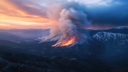 A fire is burning in the mountains, with smoke and flames rising into the sky