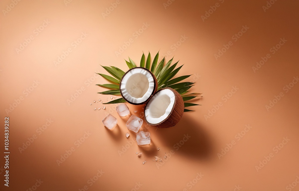 Poster two halved coconuts with a palm leaf and ice cubes on a peach colored background.