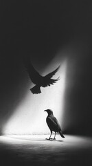 A black and white photo of a bird with its wings spread out