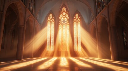 A large cathedral with three stained glass windows