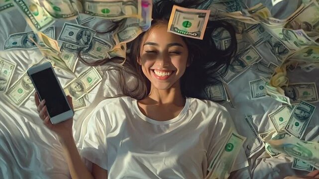 A girl smiling happily on the bed, money falling from sky. Concept of passive money income.