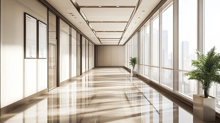 Obraz premium Modern Office Hallway with Large Windows and Polished Floor