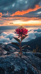 A single red flower is growing on a rock in the mountains