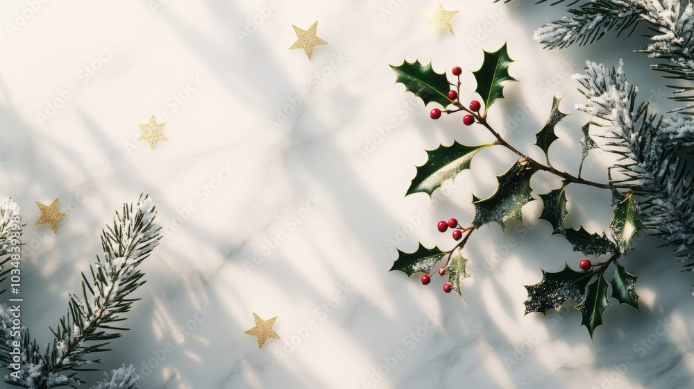 Poster a sprig of holly with bright red berries is placed alongside needles of a fir tree on a snowy surfac