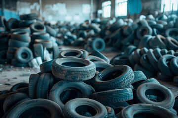 Obraz premium Piles of car tires in factory storage area. Concept of industrial waste management.