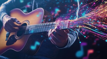 Obraz premium Acoustic Guitarist Strumming with Colorful Sound Visuals