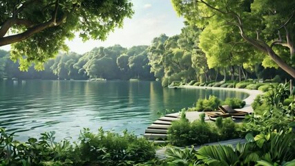 A serene lake with lush green foliage and a wooden platform with a lounger.