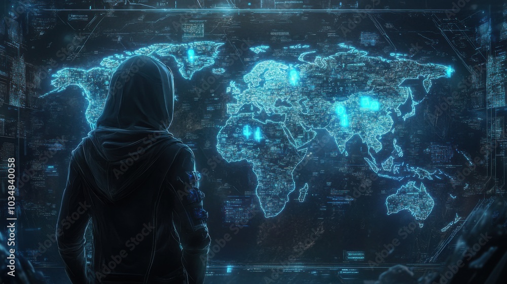 Poster hacker in hoodie analyzing digital world map
