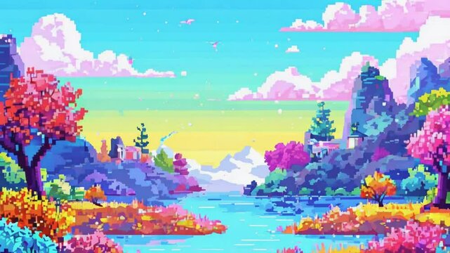 Vibrant pixel art landscape with trees, mountains, and a river in the foreground.