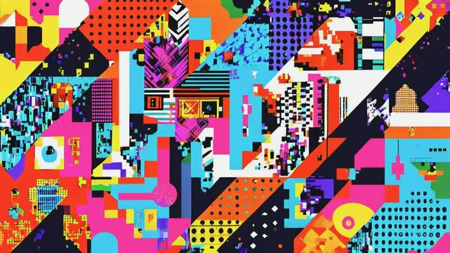Abstract geometric pattern with bold colors and various shapes.
