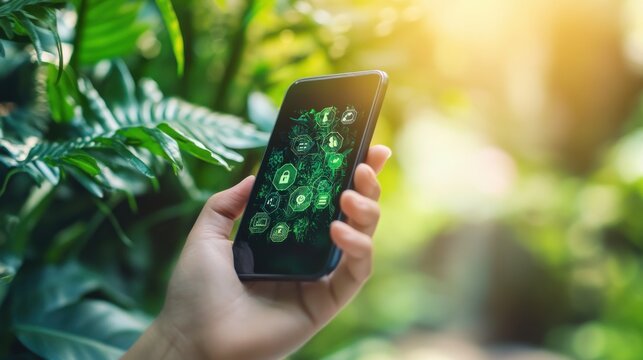 Hand Holding Smartphone in Nature with Verification Icons - Powered by Adobe