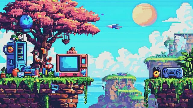 Pixelated landscape with a retro TV, speaker, and a red tree on cliffs overlooking water and a blue sky with floating islands.
