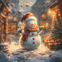 A snowman with a red scarf