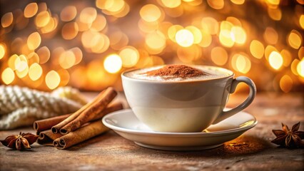 Obraz premium A cup of warm, cinnamon-spiced beverage resting on a saucer, illuminated by a background of soft, golden bokeh.